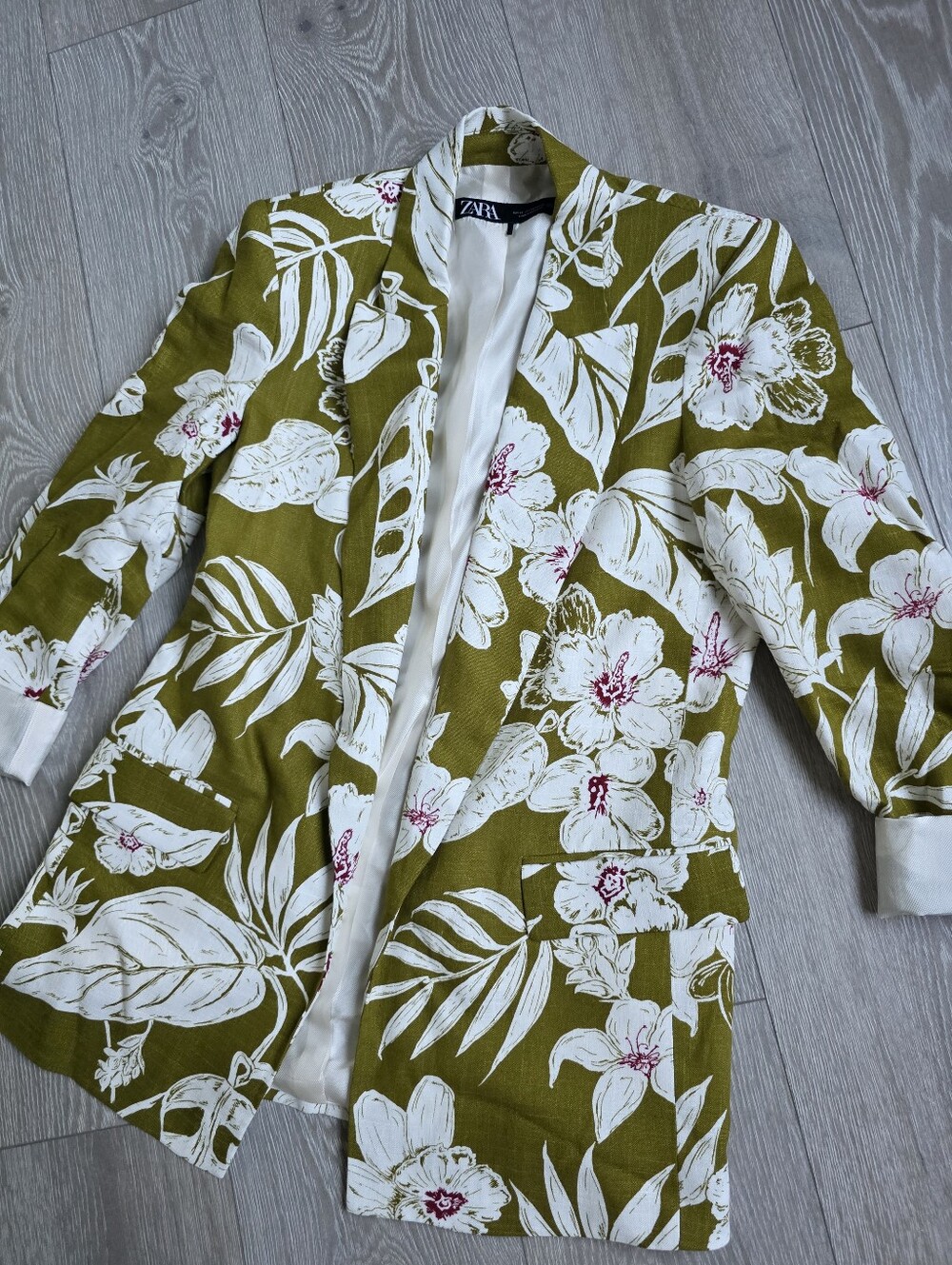 ZARA Olive Green Floral Blazer with White & Pink Accents